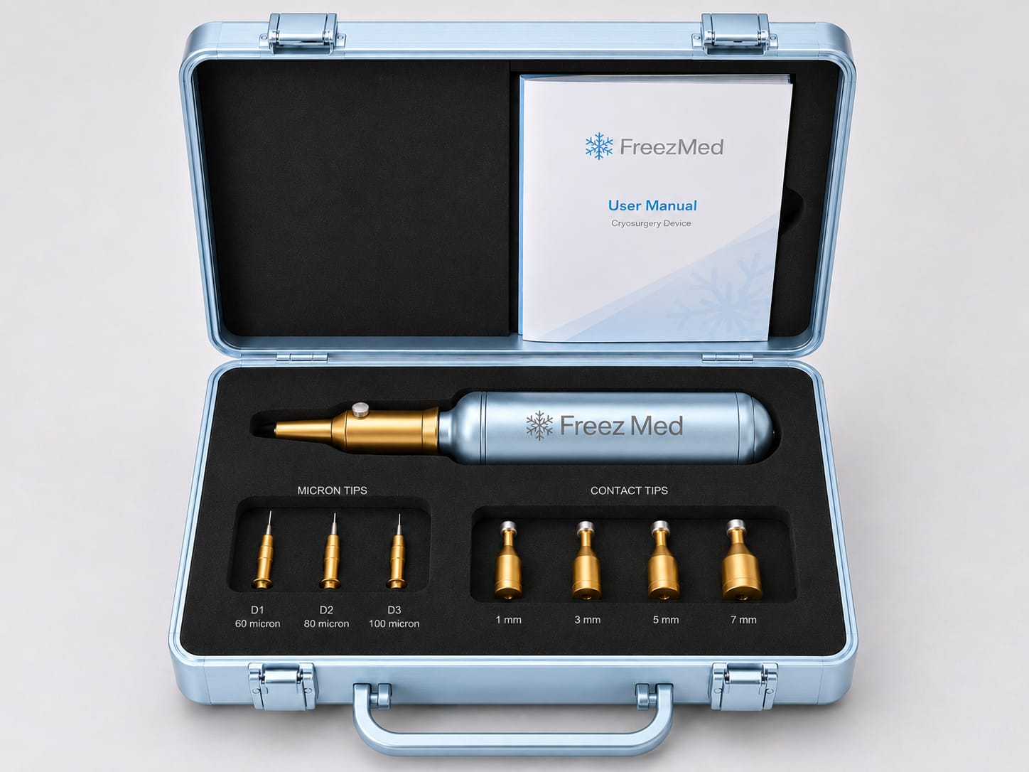 FreezMed case open showing handpiece and full tip set