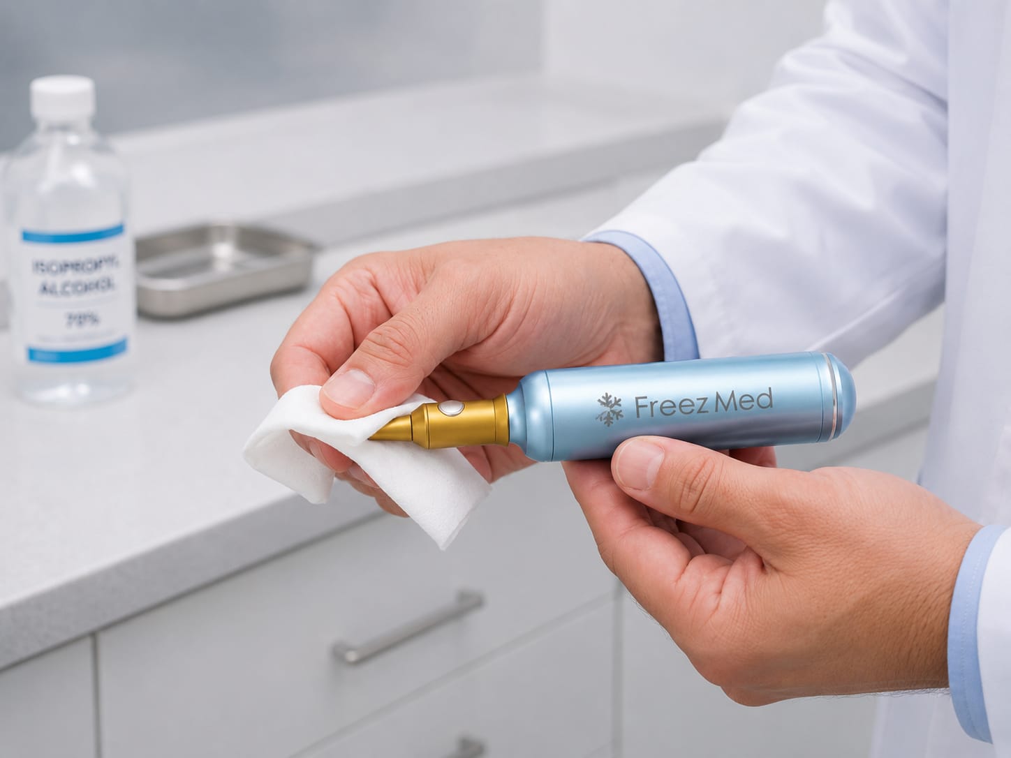 Cleaning the FreezMed tip with isopropyl alcohol
