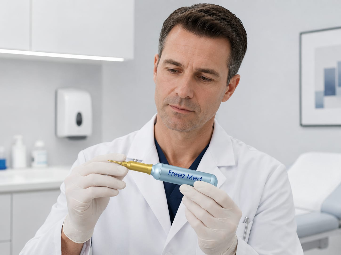 Clinician inspecting the FreezMed device before use